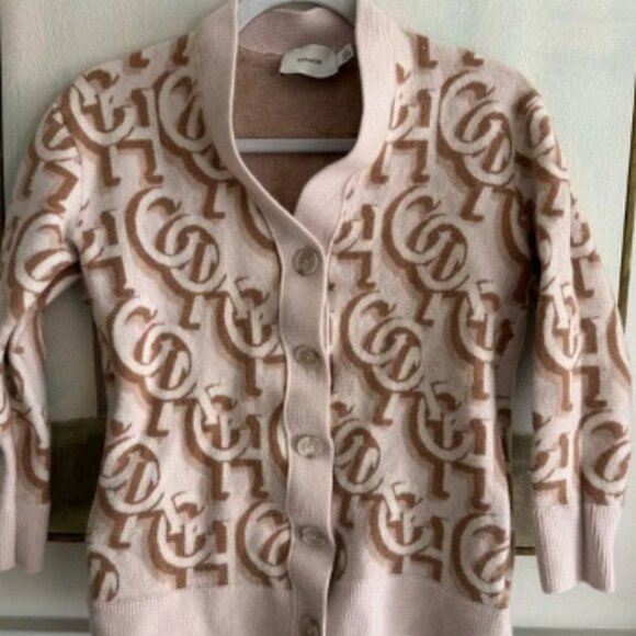 COACH Tan Brown Monogram Print 100% Wool Cardigan Size Small - Picture 1 of 7